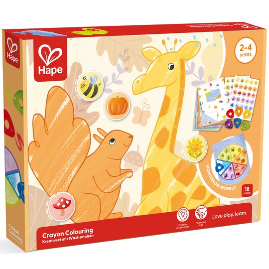 Hape: Crayon Coloring - 18pc Art Set, Animal & Nature Theme, 2 Stickers Sheets, 6 Rainbow Crayons, Montessori Activities, Toddlers & Kids Ages 2+